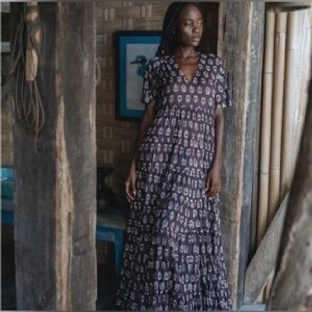 Daughters of India Chaaya Maxi Dress Eggplant Block Print Cotton XS